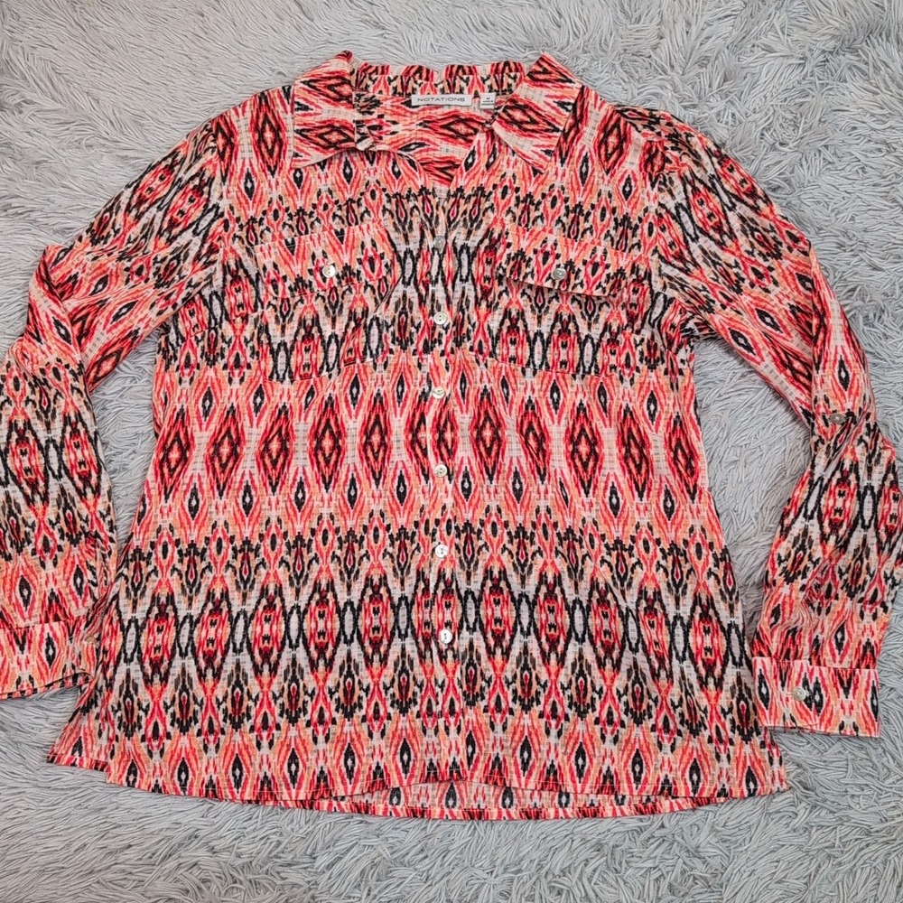 Notations Shirt Womens M Aztec Top Roll Tab Sleeve V Neck‎ Pockets Semi Sheer